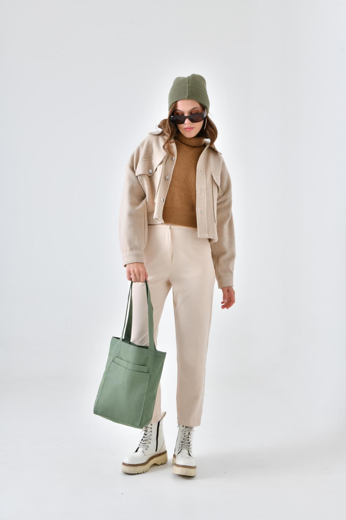 2 Cepli Mint Yeşili Gabardin Çanta