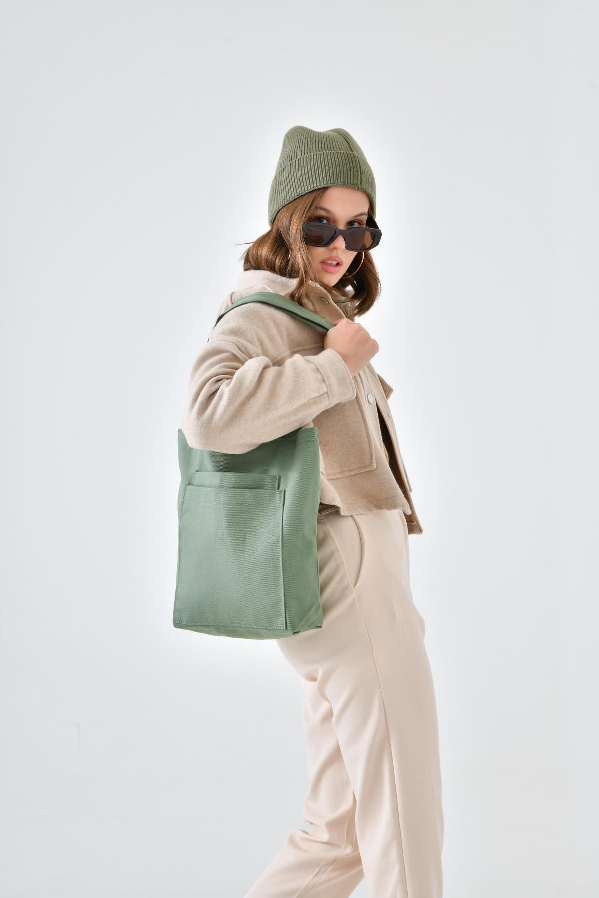 2 Cepli Mint Yeşili Gabardin Çanta