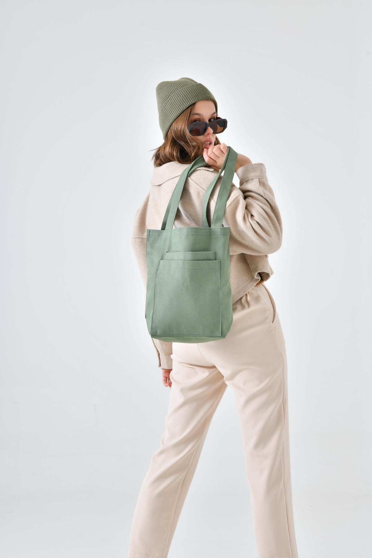 2 Cepli Mint Yeşili Gabardin Çanta
