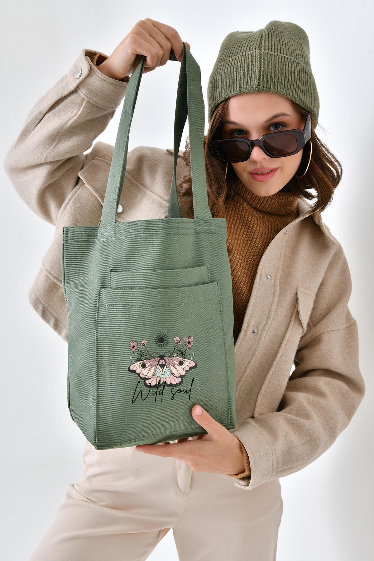 2 Cepli Wild Soul Baskılı Mint Yeşili Gabardin Çanta