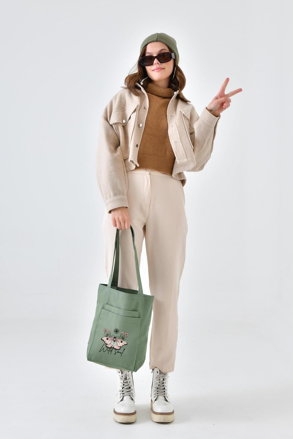 2 Cepli Wild Soul Baskılı Mint Yeşili Gabardin Çanta