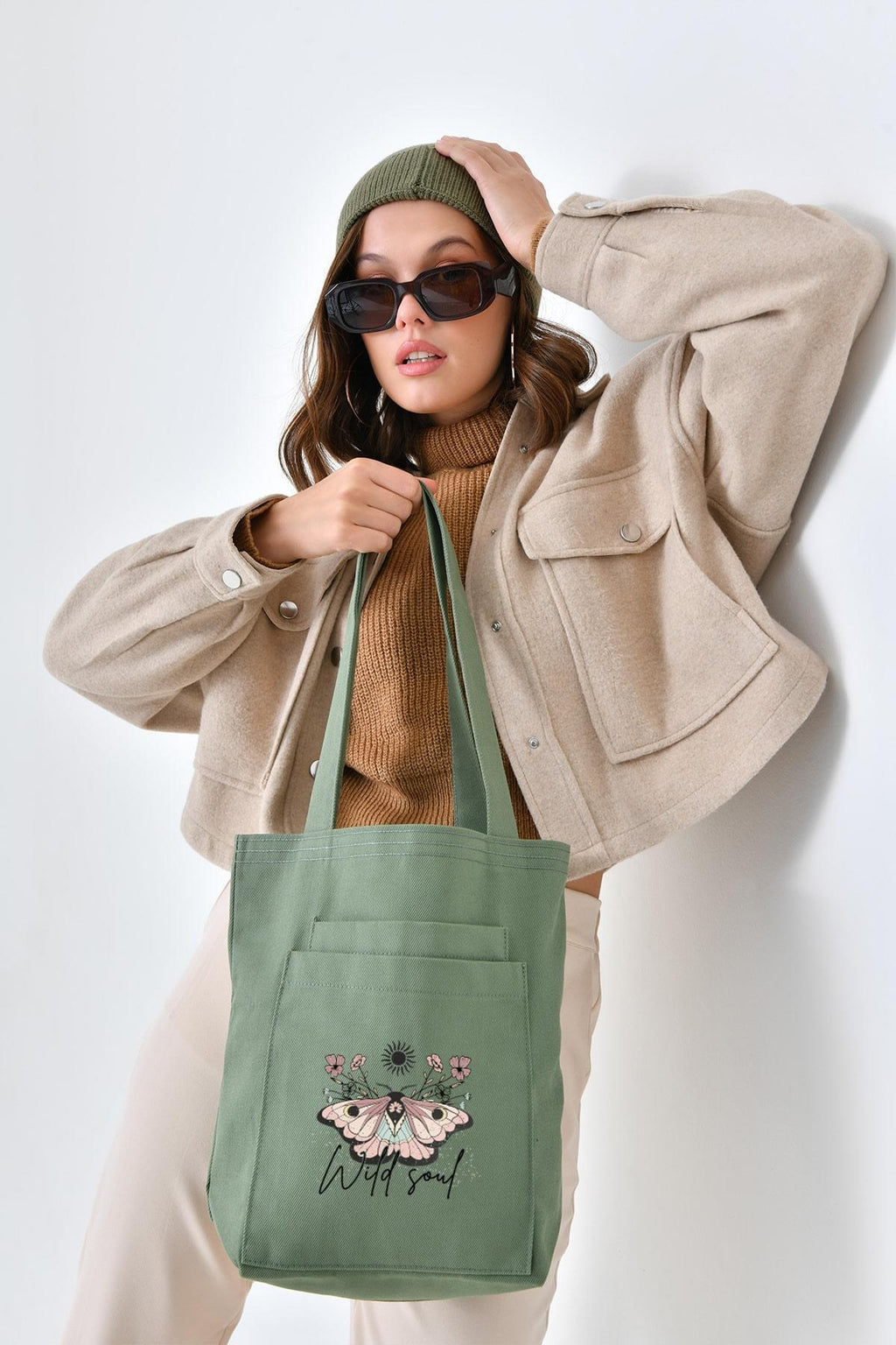 2 Cepli Wild Soul Baskılı Mint Yeşili Gabardin Çanta