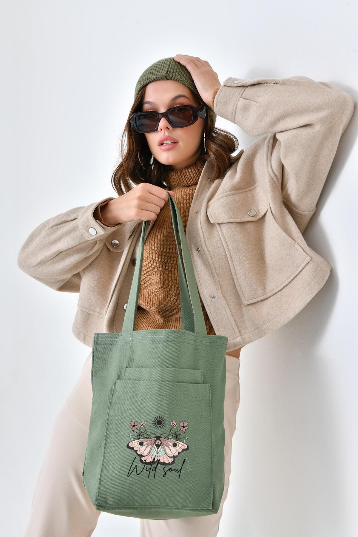 2 Cepli Wild Soul Baskılı Mint Yeşili Gabardin Çanta