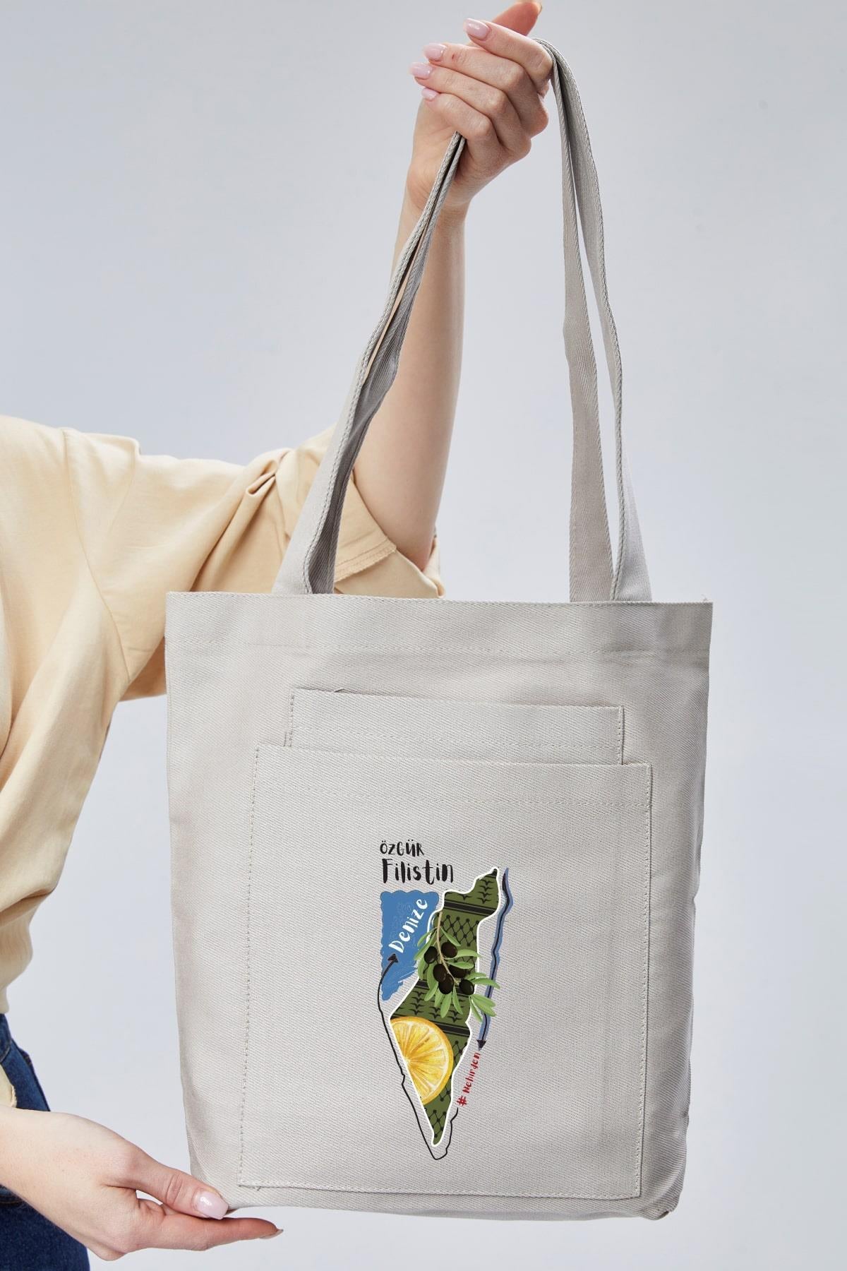 2 Cepli Filistin Baskılı Gri Gabardin Çanta