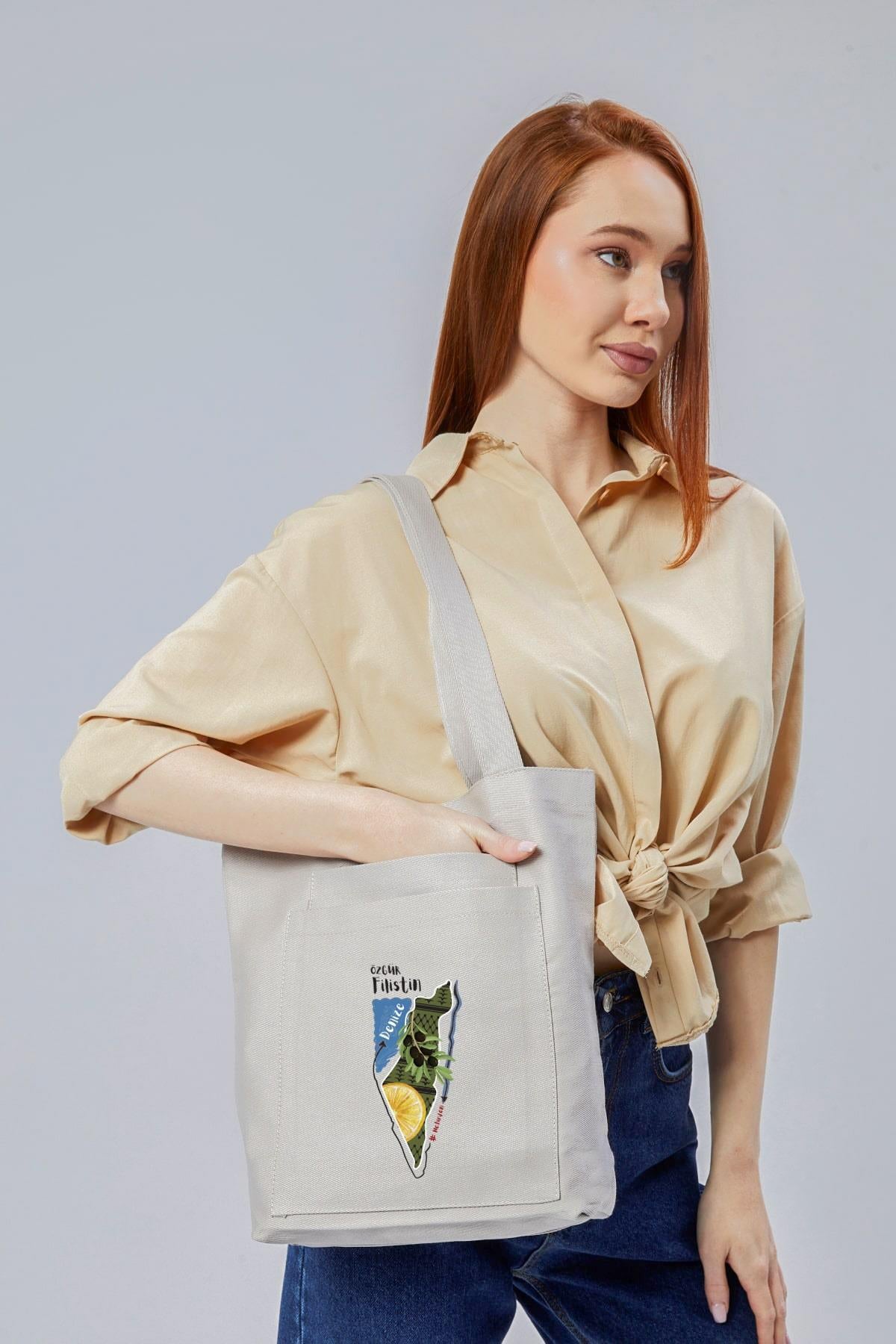 2 Cepli Filistin Baskılı Gri Gabardin Çanta
