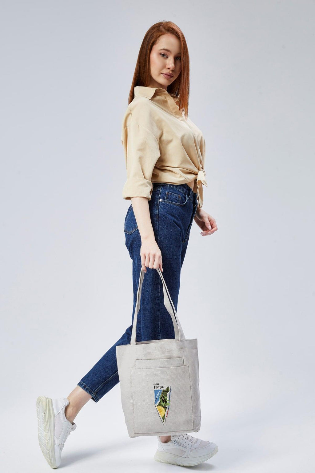 2 Cepli Filistin Baskılı Gri Gabardin Çanta