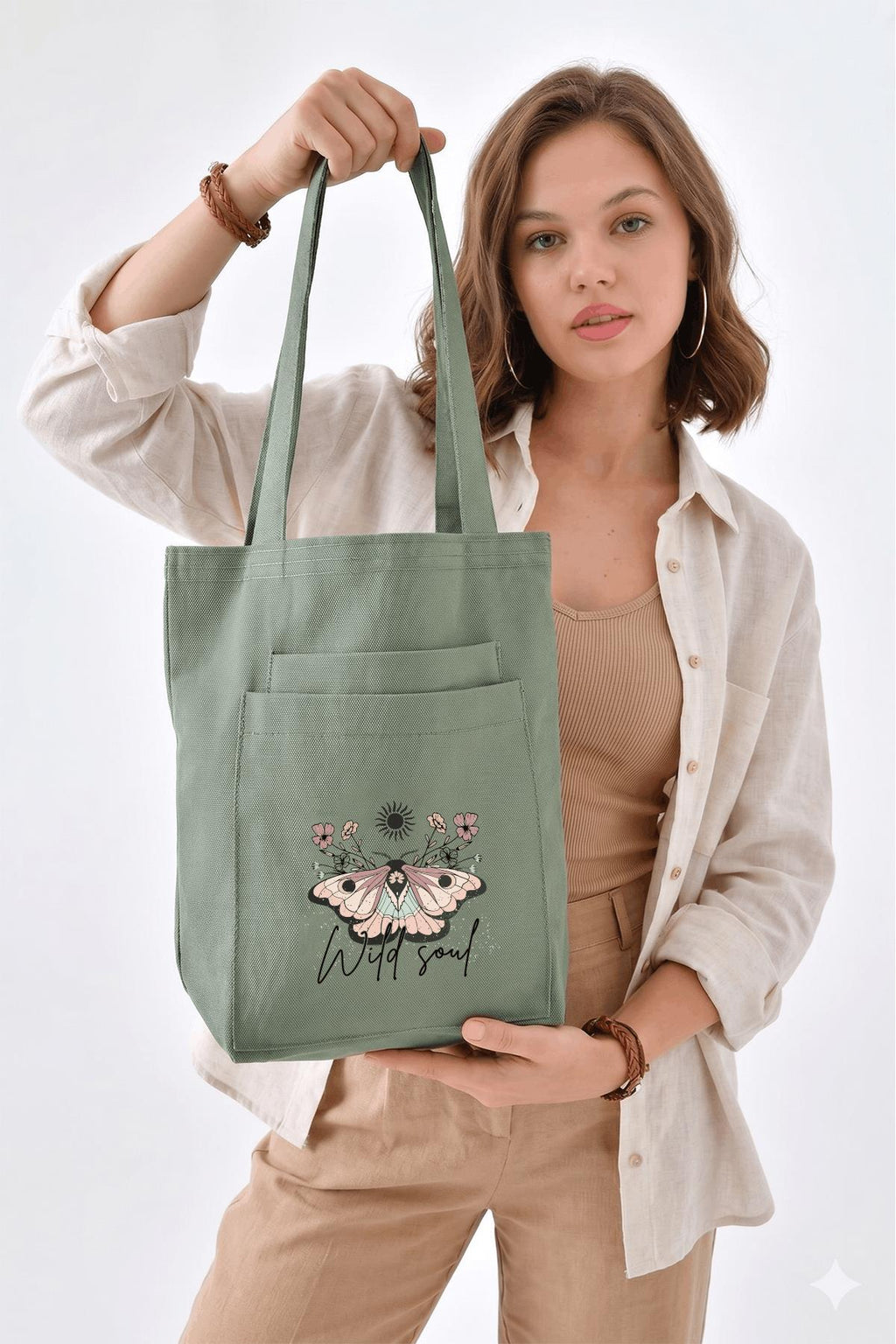 2 Cepli Wild Soul Baskılı Mint Yeşili Gabardin Çanta