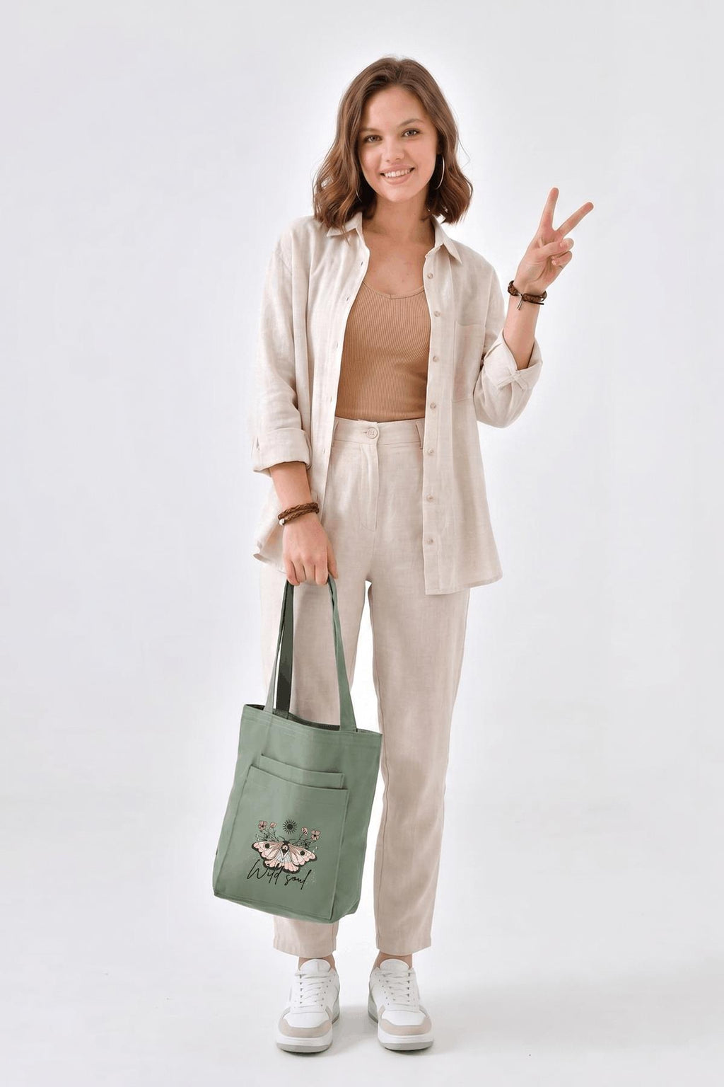 2 Cepli Wild Soul Baskılı Mint Yeşili Gabardin Çanta