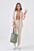 2 Cepli Wild Soul Baskılı Mint Yeşili Gabardin Çanta
