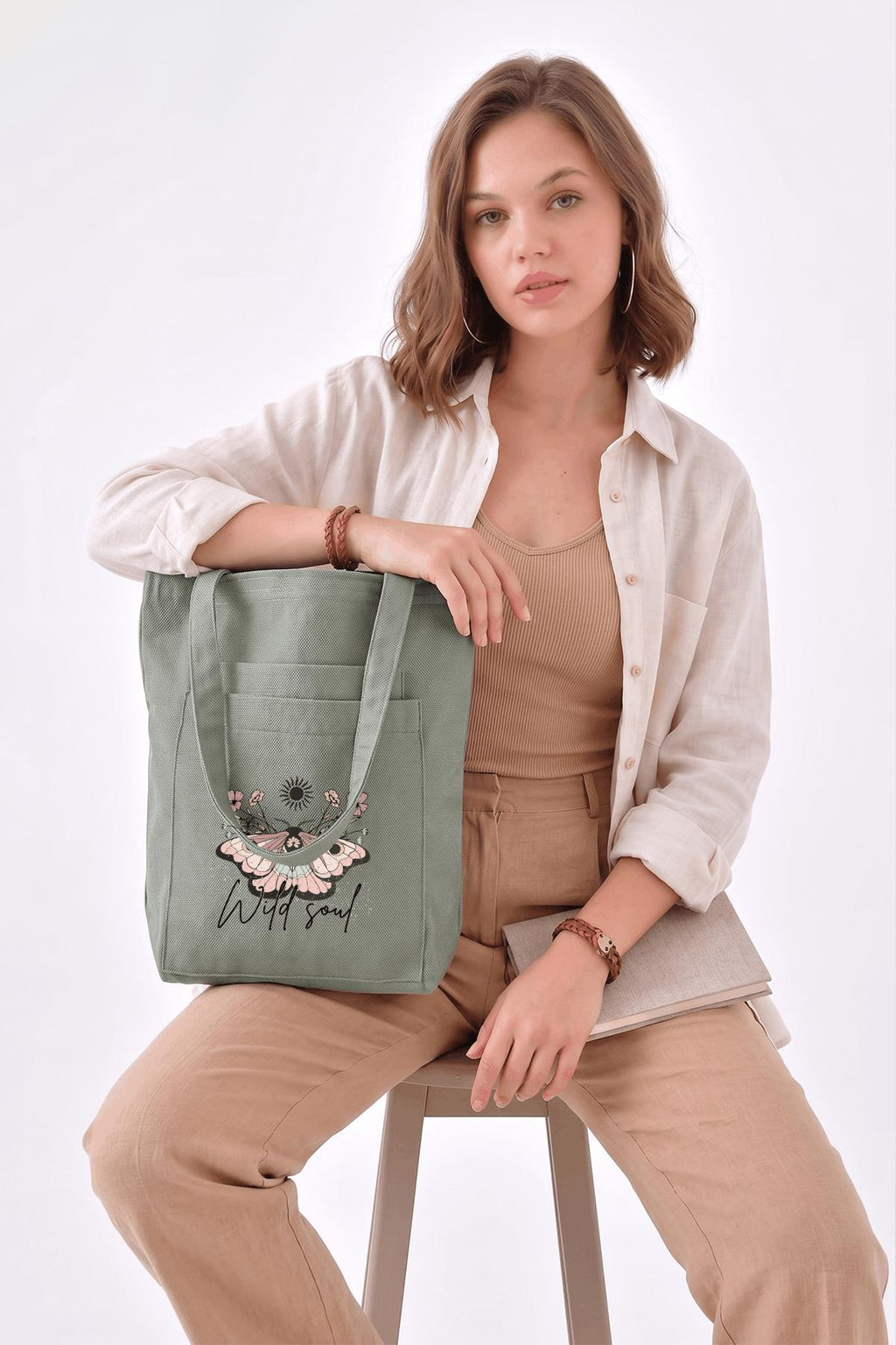 2 Cepli Wild Soul Baskılı Mint Yeşili Gabardin Çanta