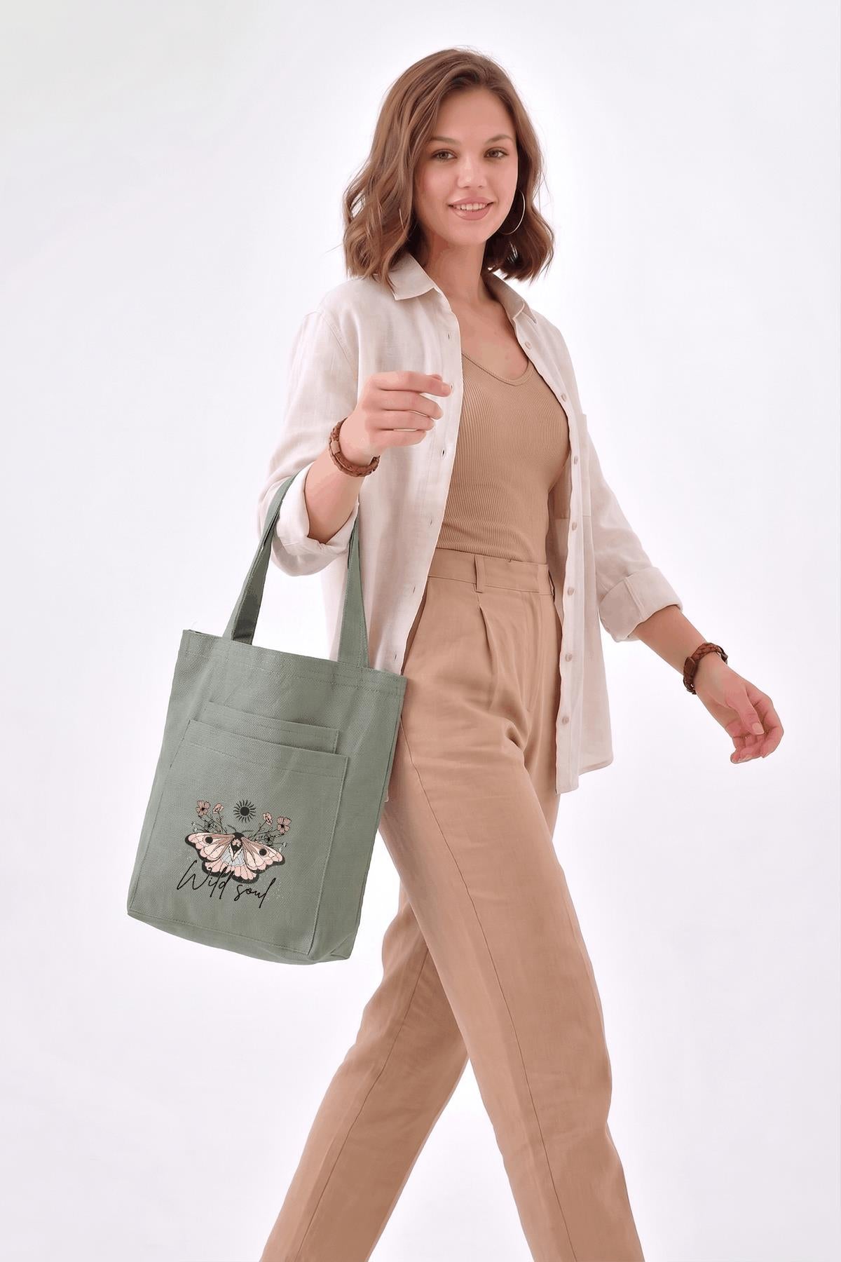 2 Cepli Wild Soul Baskılı Mint Yeşili Gabardin Çanta