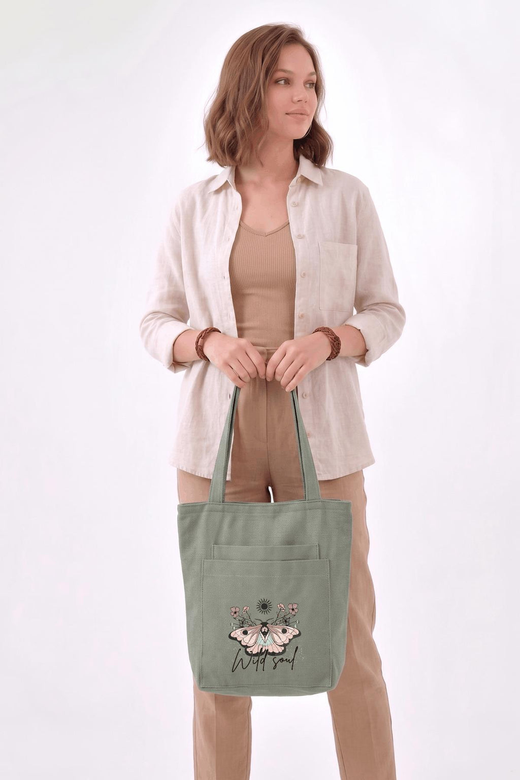 2 Cepli Wild Soul Baskılı Mint Yeşili Gabardin Çanta