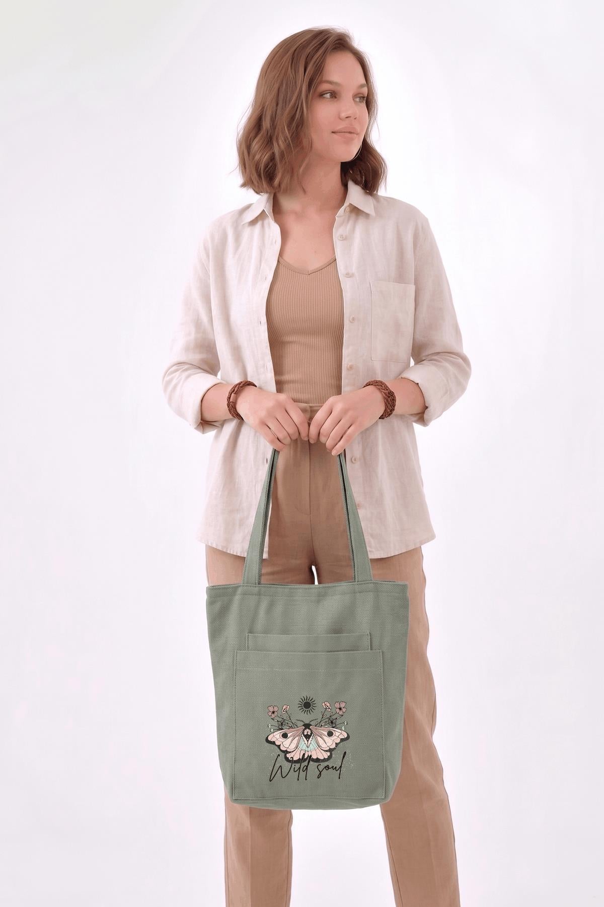 2 Cepli Wild Soul Baskılı Mint Yeşili Gabardin Çanta