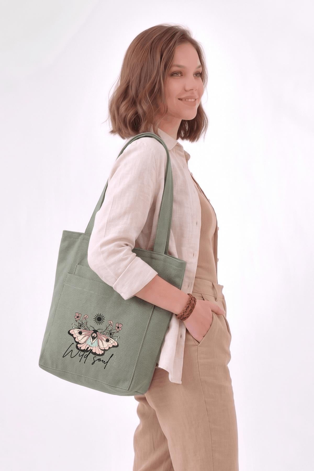 2 Cepli Wild Soul Baskılı Mint Yeşili Gabardin Çanta