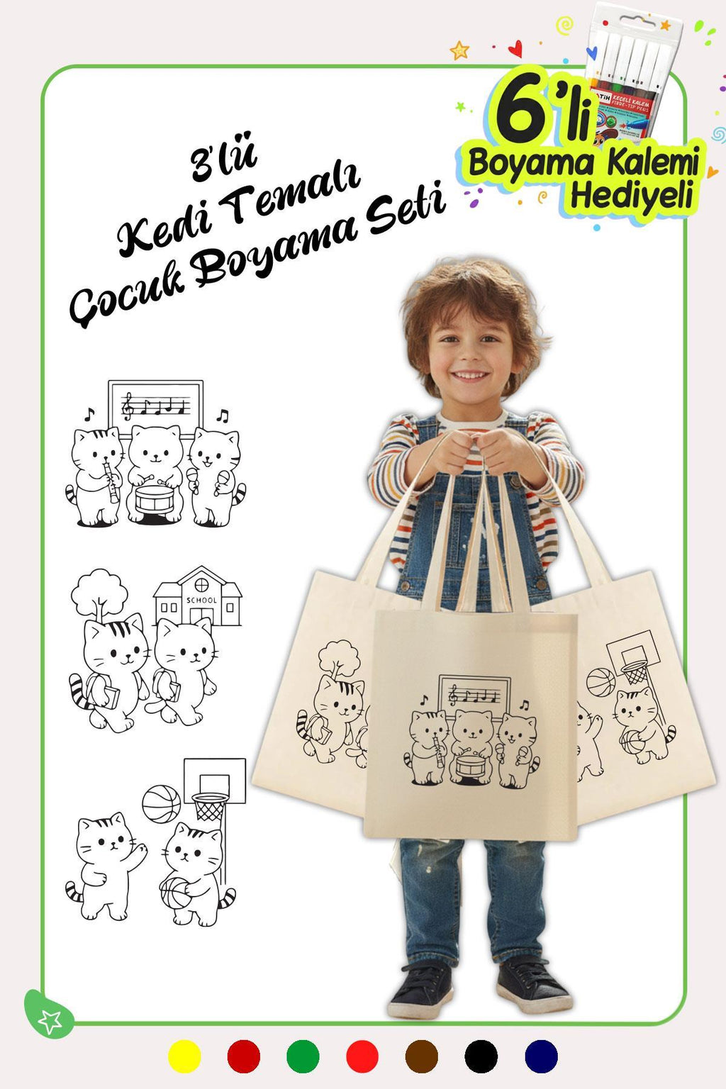 3 Adet Kedi Serisi Orta Boy Boyama Çantası