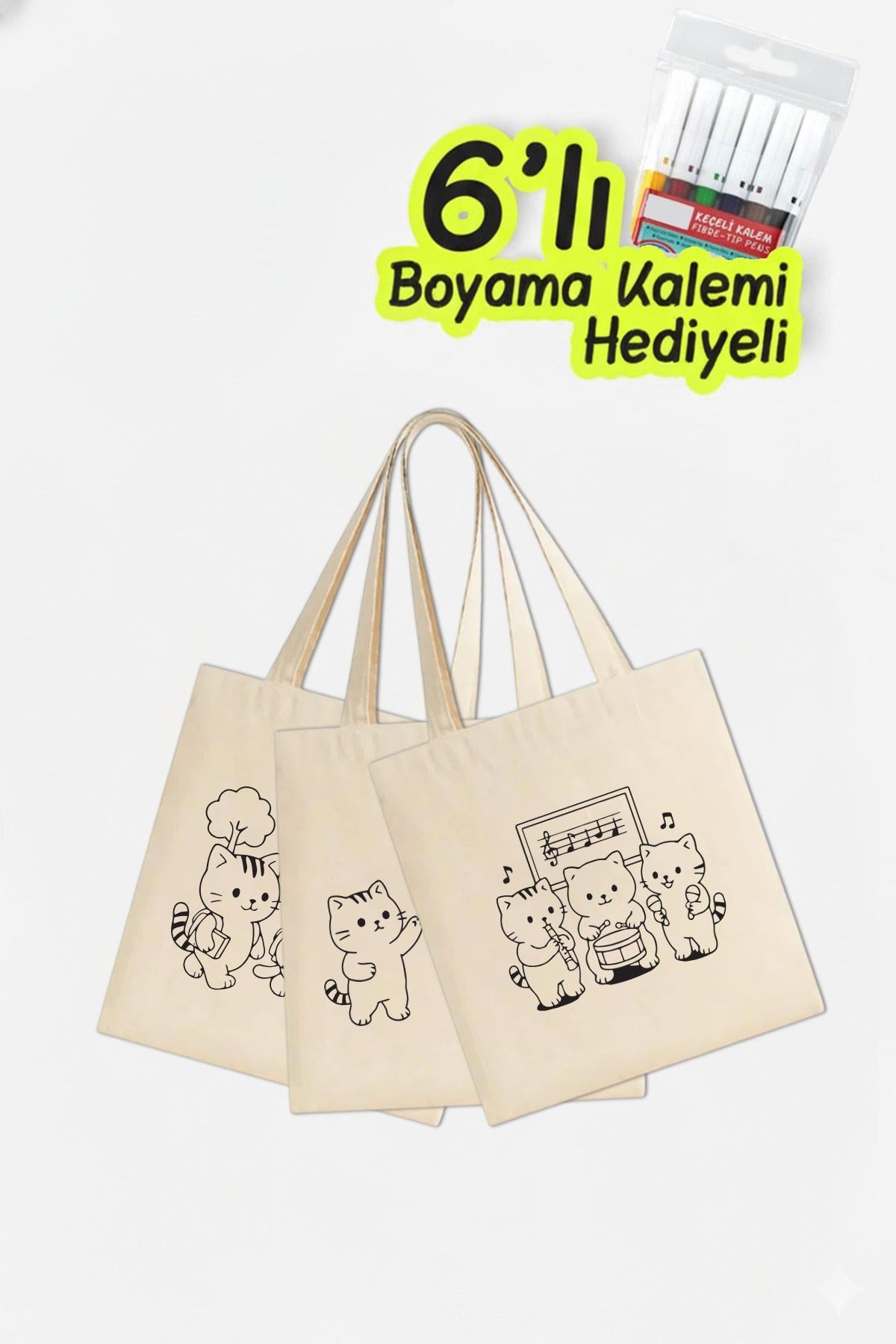 3 Adet Kedi Serisi Orta Boy Boyama Çantası