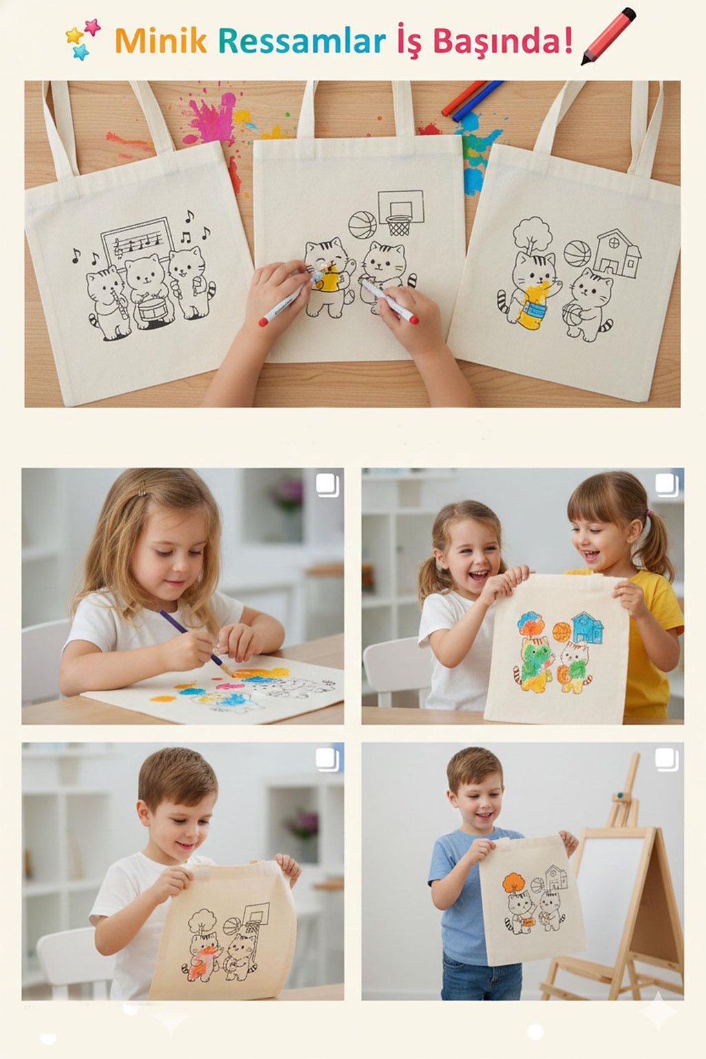 3 Adet Kedi Serisi Orta Boy Boyama Çantası
