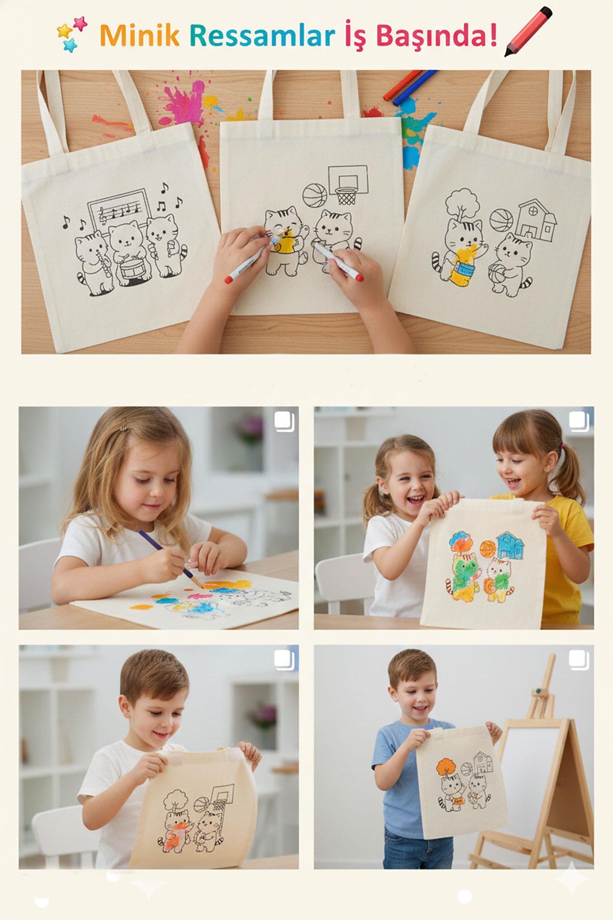 3 Adet Kedi Serisi Orta Boy Boyama Çantası