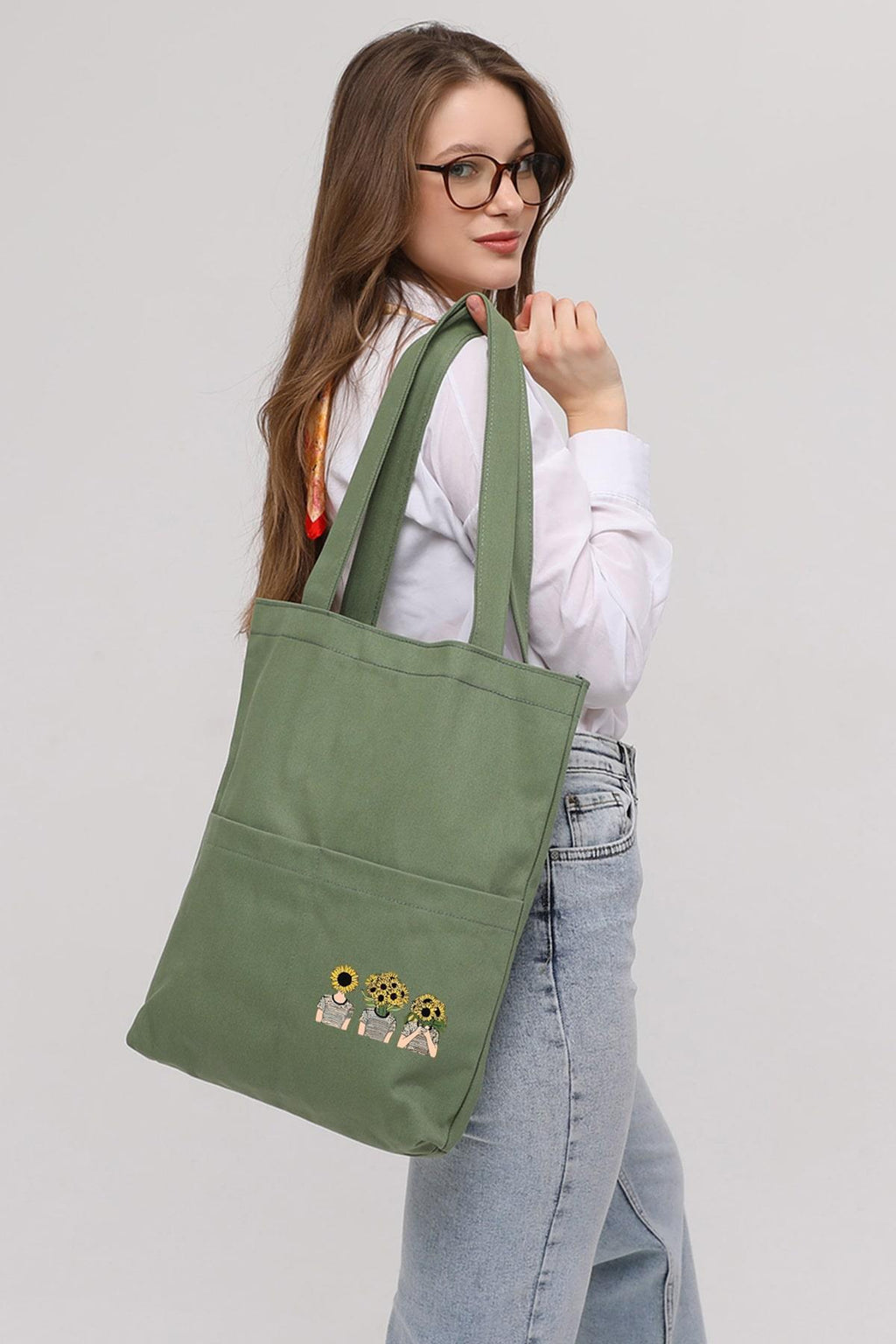 3 Cepli Ayçiçekli Kafalar Baskılı Mint Yeşili Gabardin Çanta