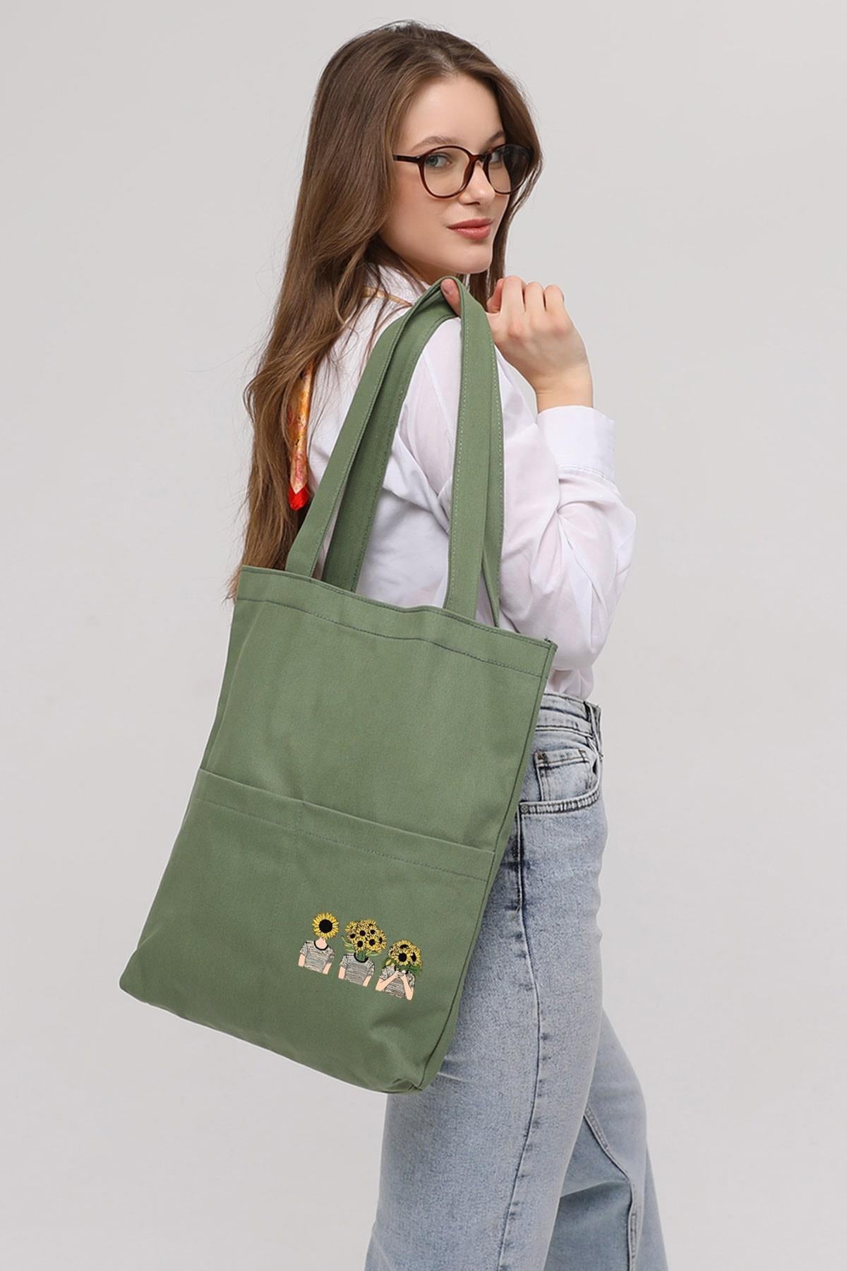3 Cepli Ayçiçekli Kafalar Baskılı Mint Yeşili Gabardin Çanta