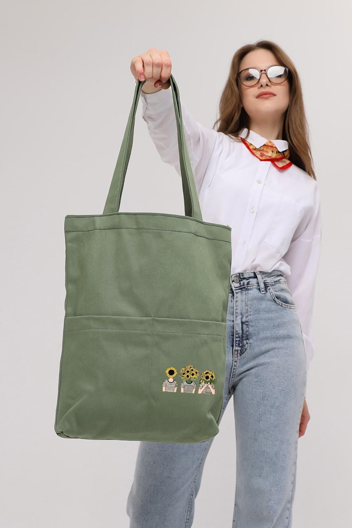 3 Cepli Ayçiçekli Kafalar Baskılı Mint Yeşili Gabardin Çanta