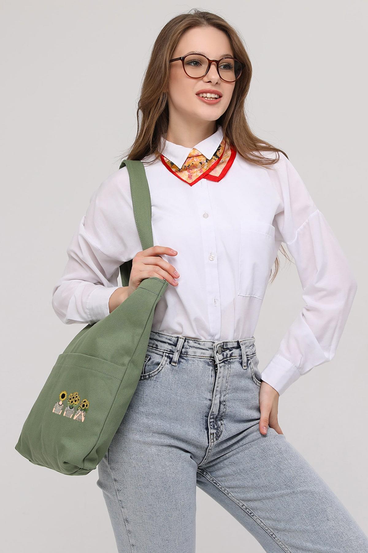 3 Cepli Ayçiçekli Kafalar Baskılı Mint Yeşili Gabardin Çanta