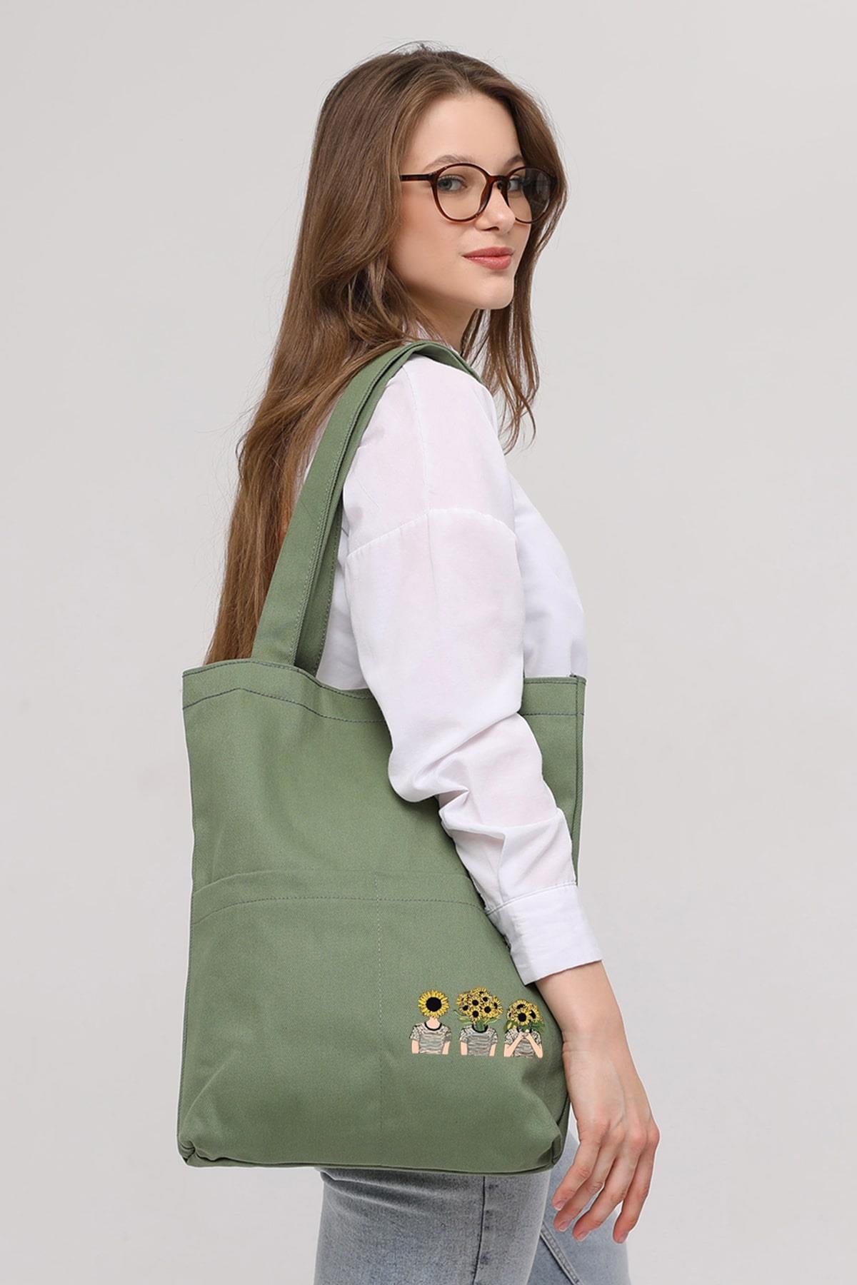 3 Cepli Ayçiçekli Kafalar Baskılı Mint Yeşili Gabardin Çanta