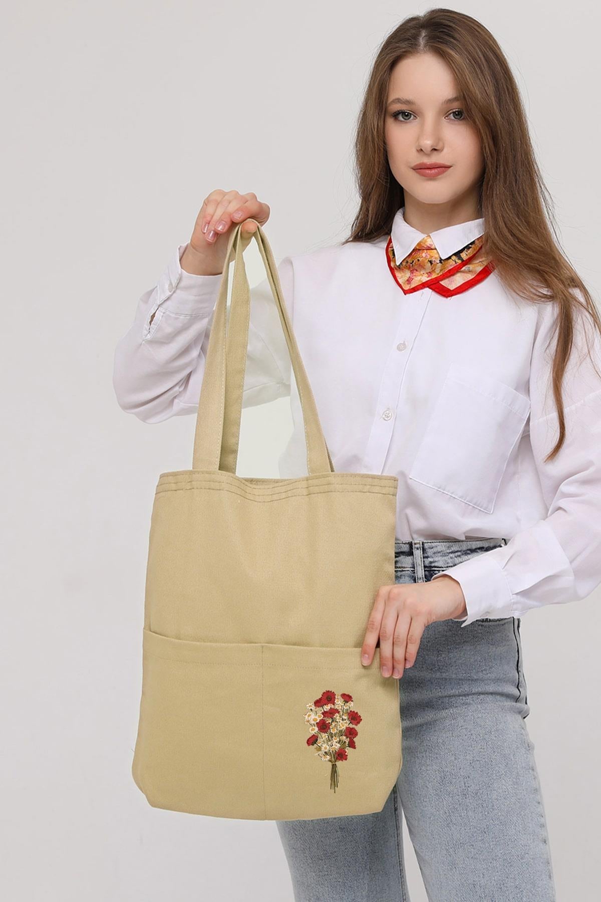 3 Cepli Çiçek Buketi Baskılı Bej Gabardin Çanta