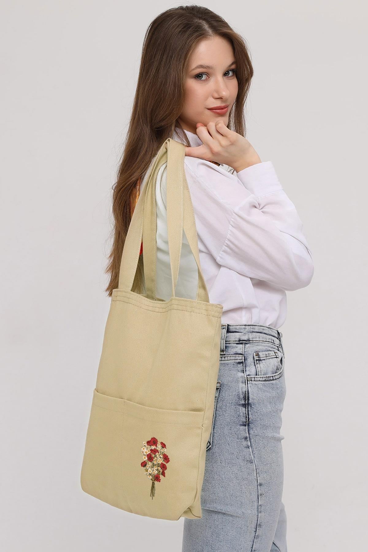 3 Cepli Çiçek Buketi Baskılı Bej Gabardin Çanta