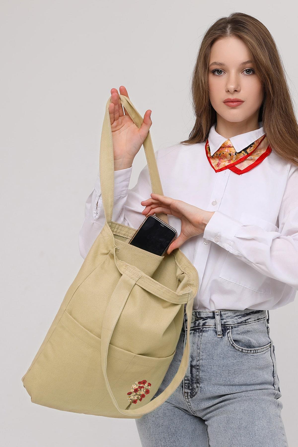 3 Cepli Çiçek Buketi Baskılı Bej Gabardin Çanta