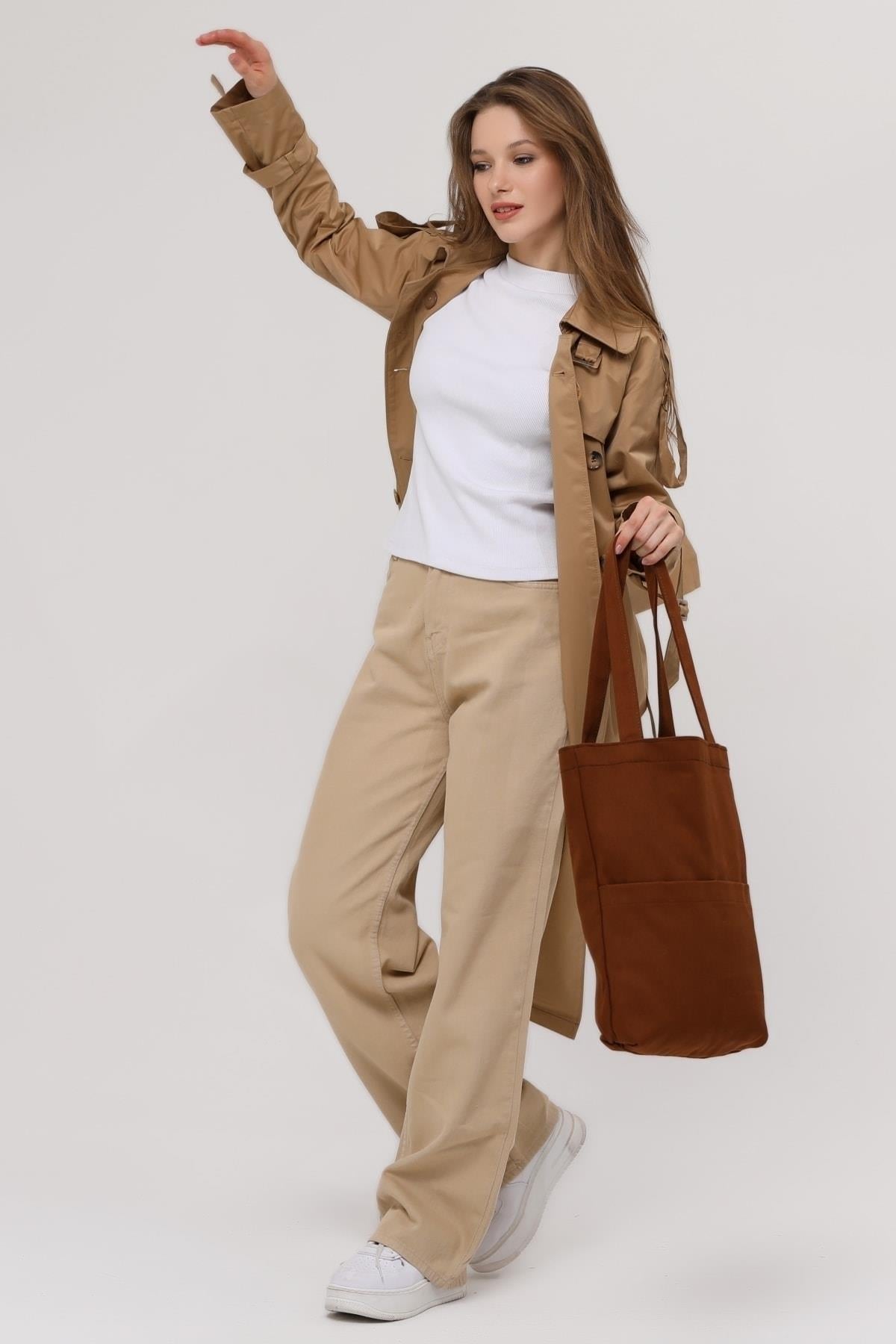 3 Cepli Koyu Kahve Gabardin Çanta