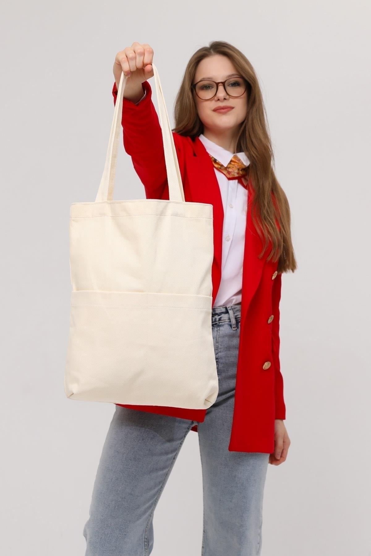 3 Cepli Ekru Gabardin Çanta