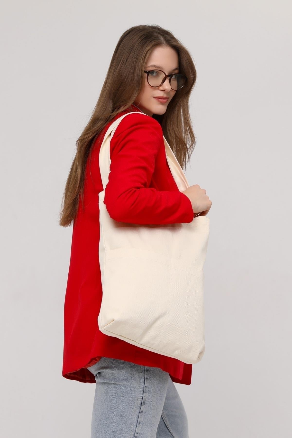 3 Cepli Ekru Gabardin Çanta