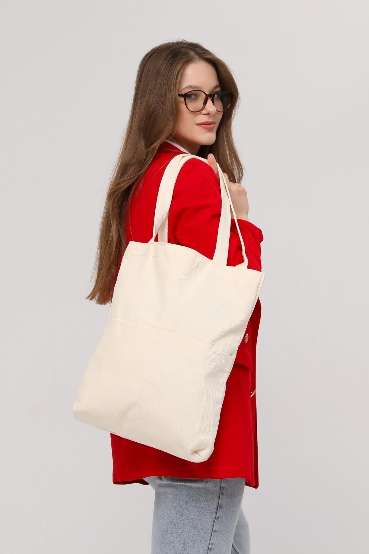 3 Cepli Ekru Gabardin Çanta