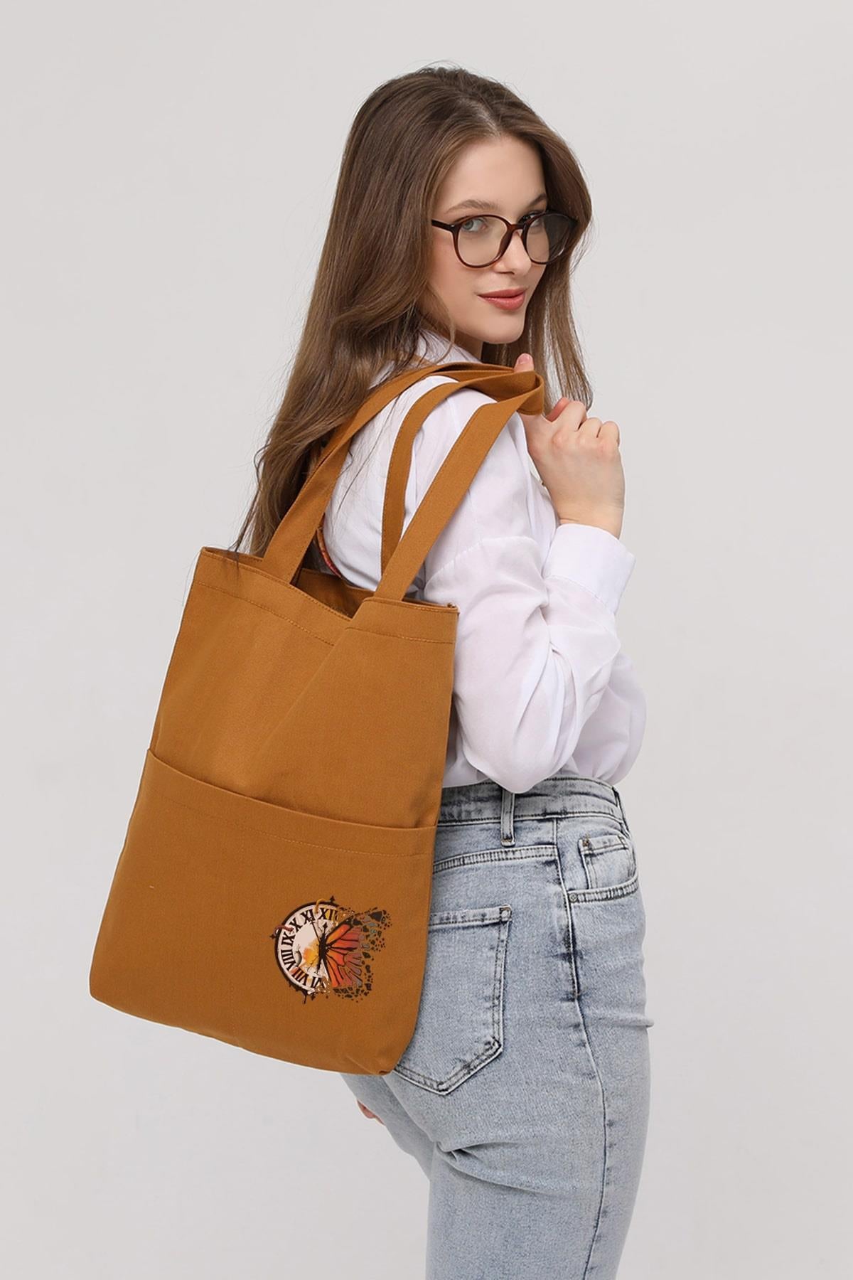3 Cepli Kelebek Saat Baskılı Kiremit Gabardin Çanta