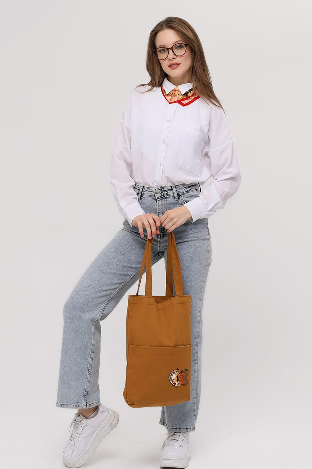 3 Cepli Kelebek Saat Baskılı Kiremit Gabardin Çanta