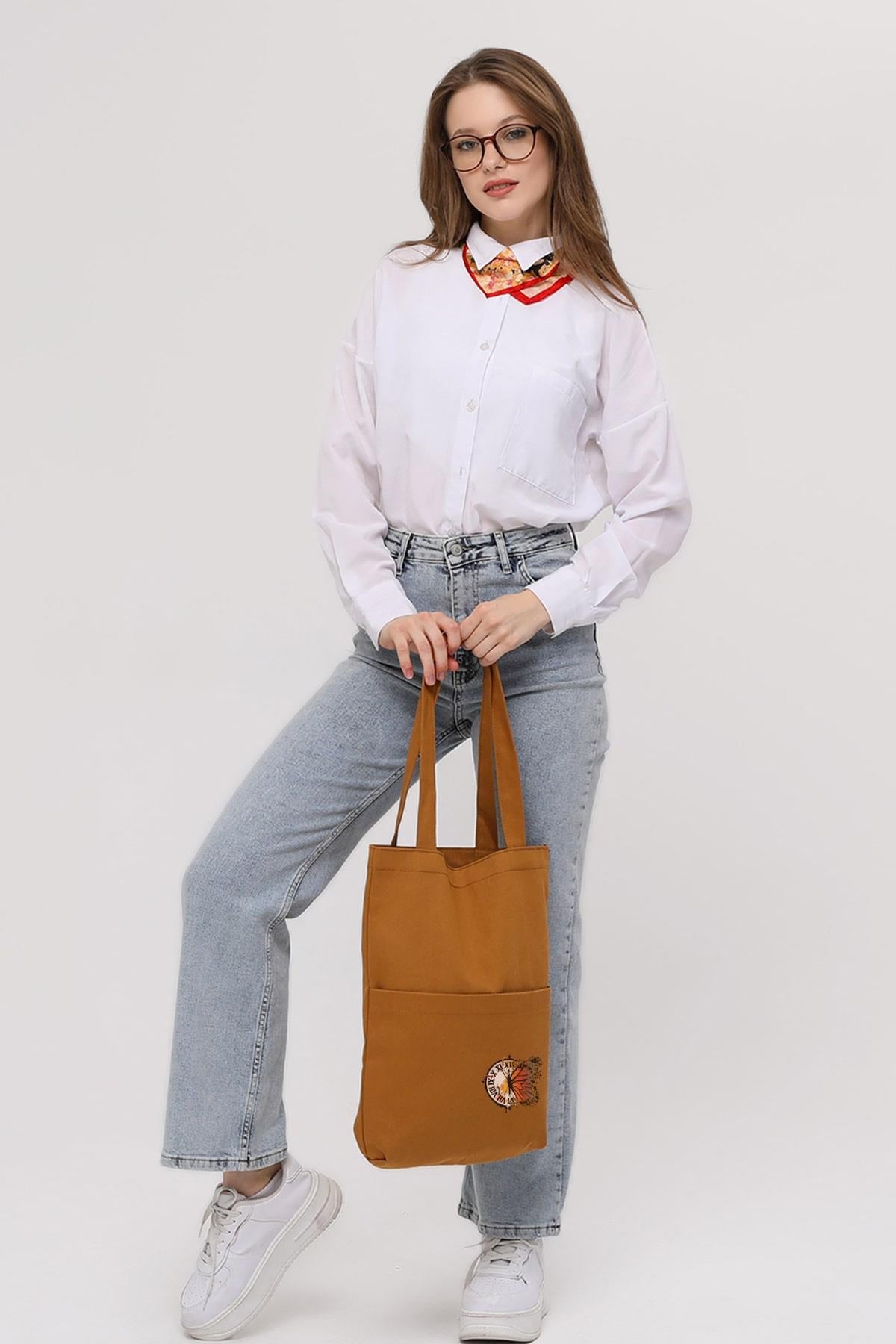 3 Cepli Kelebek Saat Baskılı Kiremit Gabardin Çanta