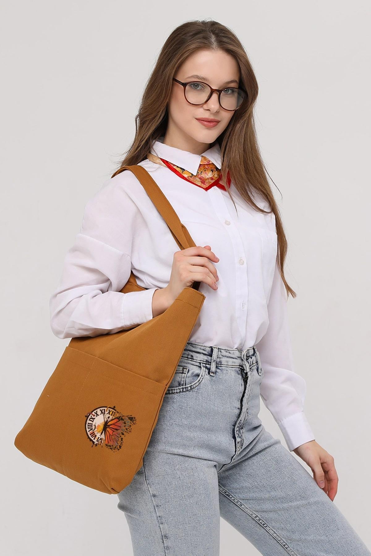 3 Cepli Kelebek Saat Baskılı Kiremit Gabardin Çanta