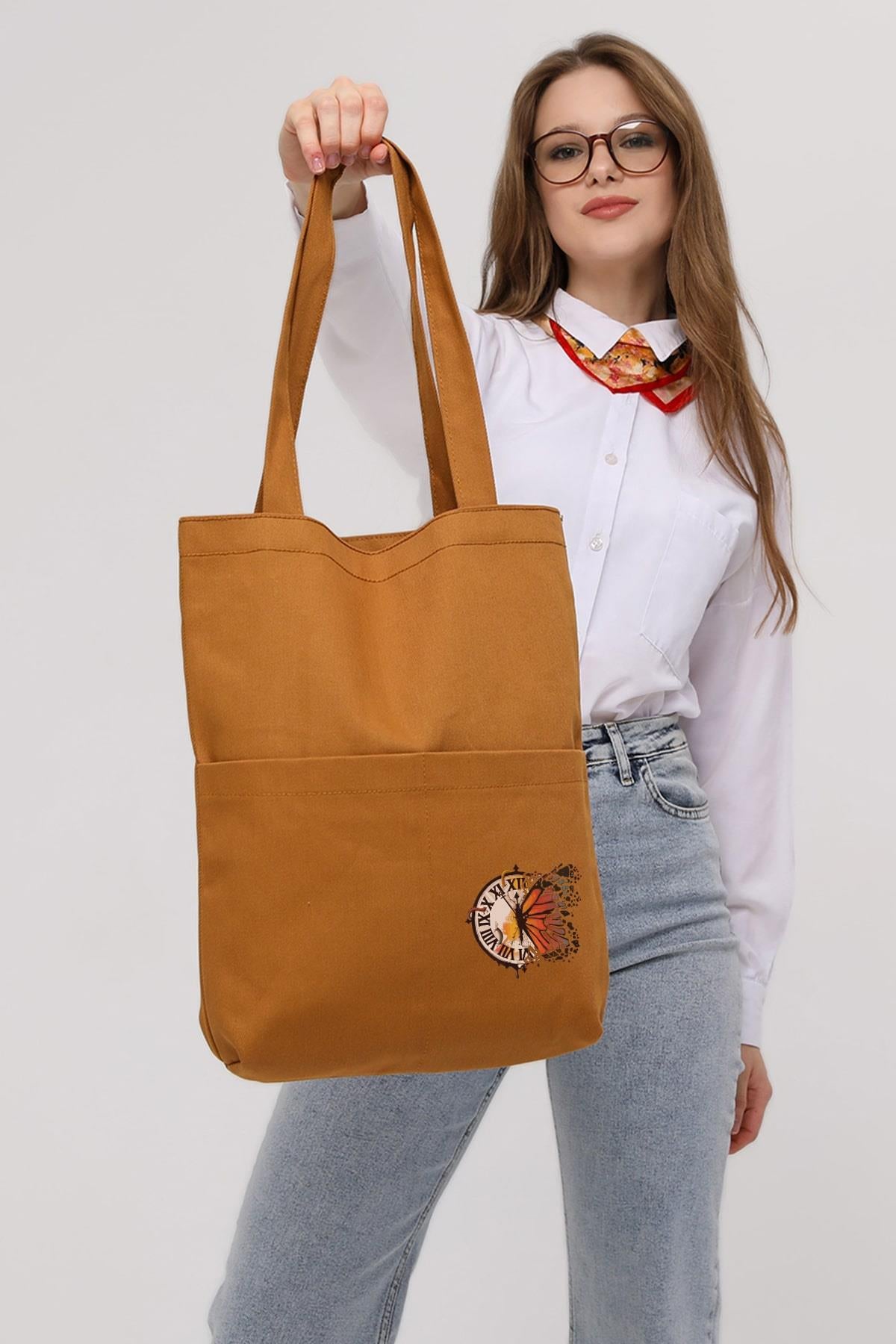 3 Cepli Kelebek Saat Baskılı Kiremit Gabardin Çanta