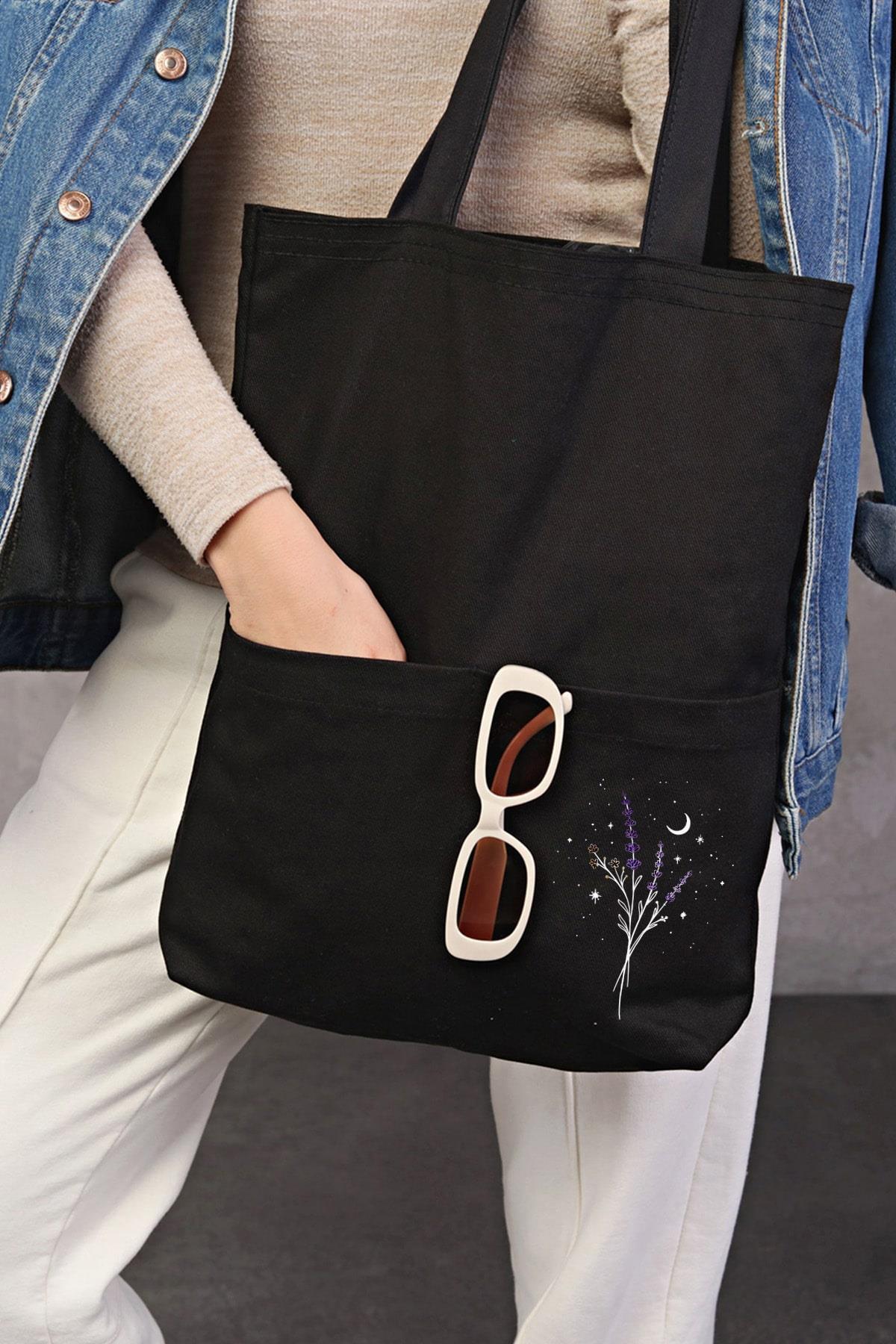 3 Cepli Lavanta Baskılı Siyah Gabardin Çanta
