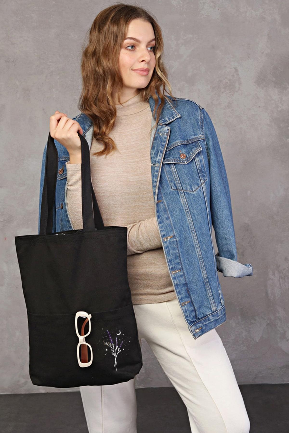 3 Cepli Lavanta Baskılı Siyah Gabardin Çanta