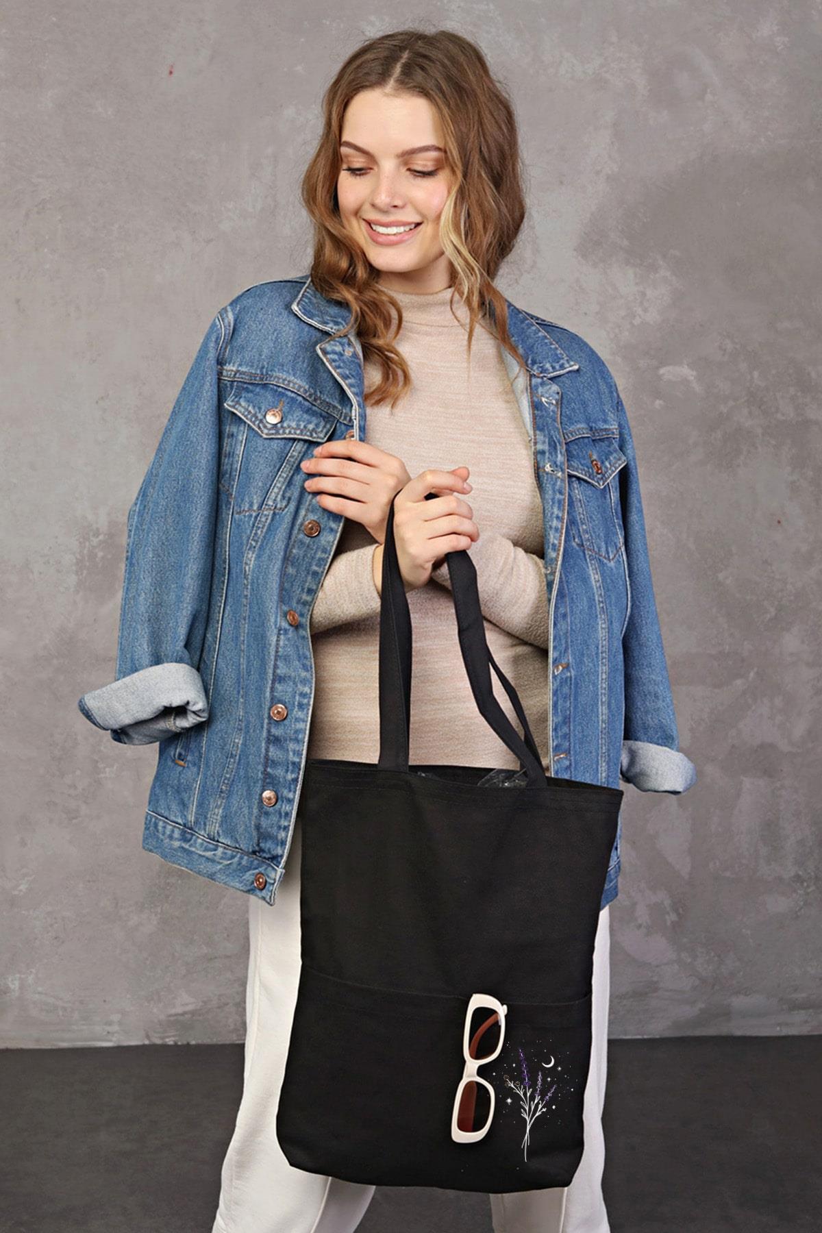 3 Cepli Lavanta Baskılı Siyah Gabardin Çanta