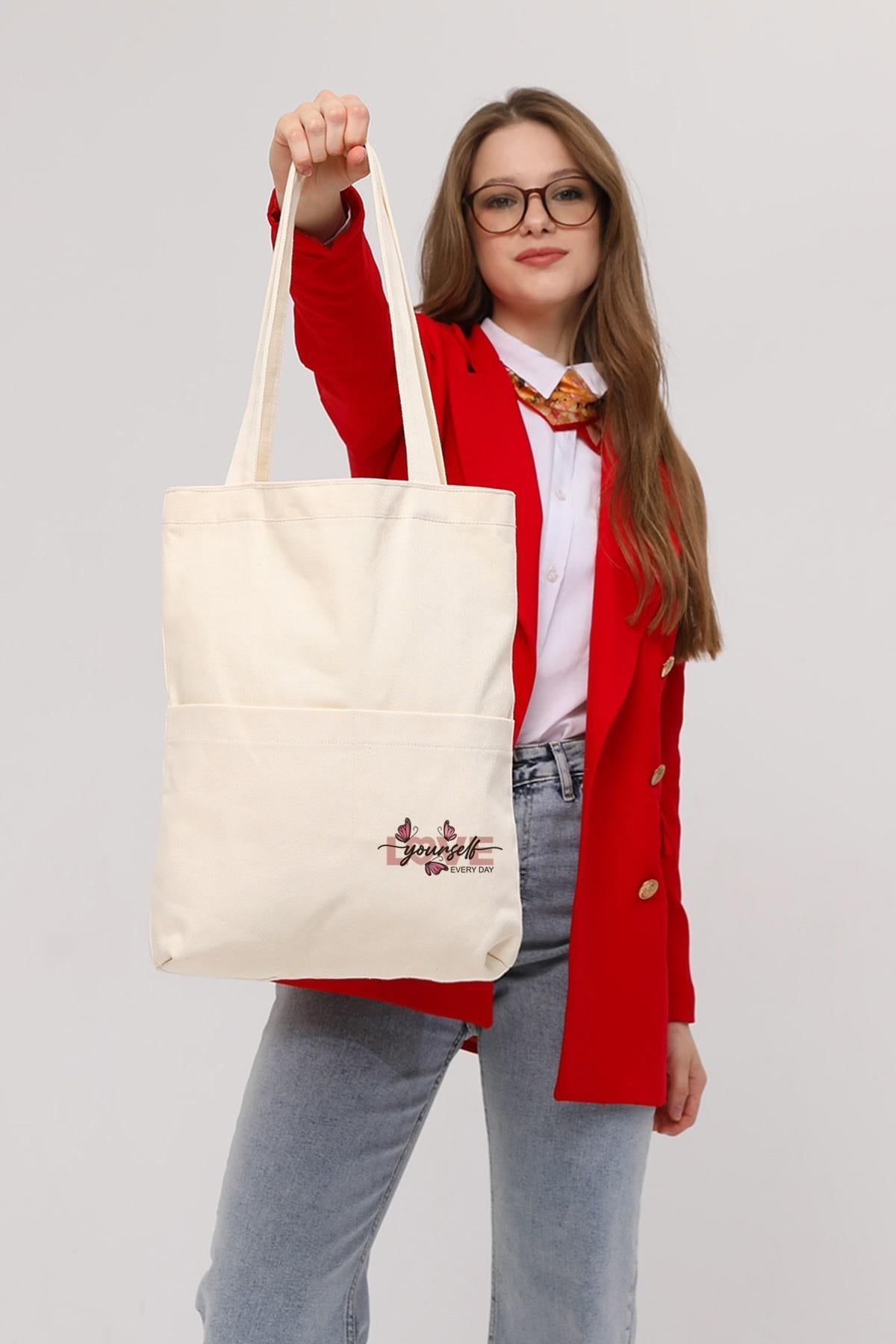 3 Cepli Love Yourself  Baskılı Ekru Gabardin Çanta