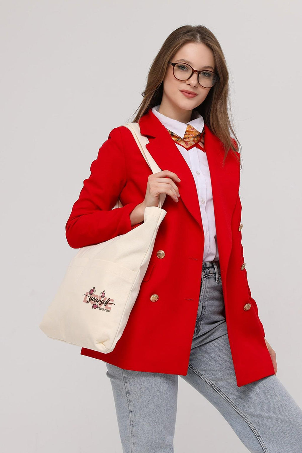 3 Cepli Love Yourself  Baskılı Ekru Gabardin Çanta