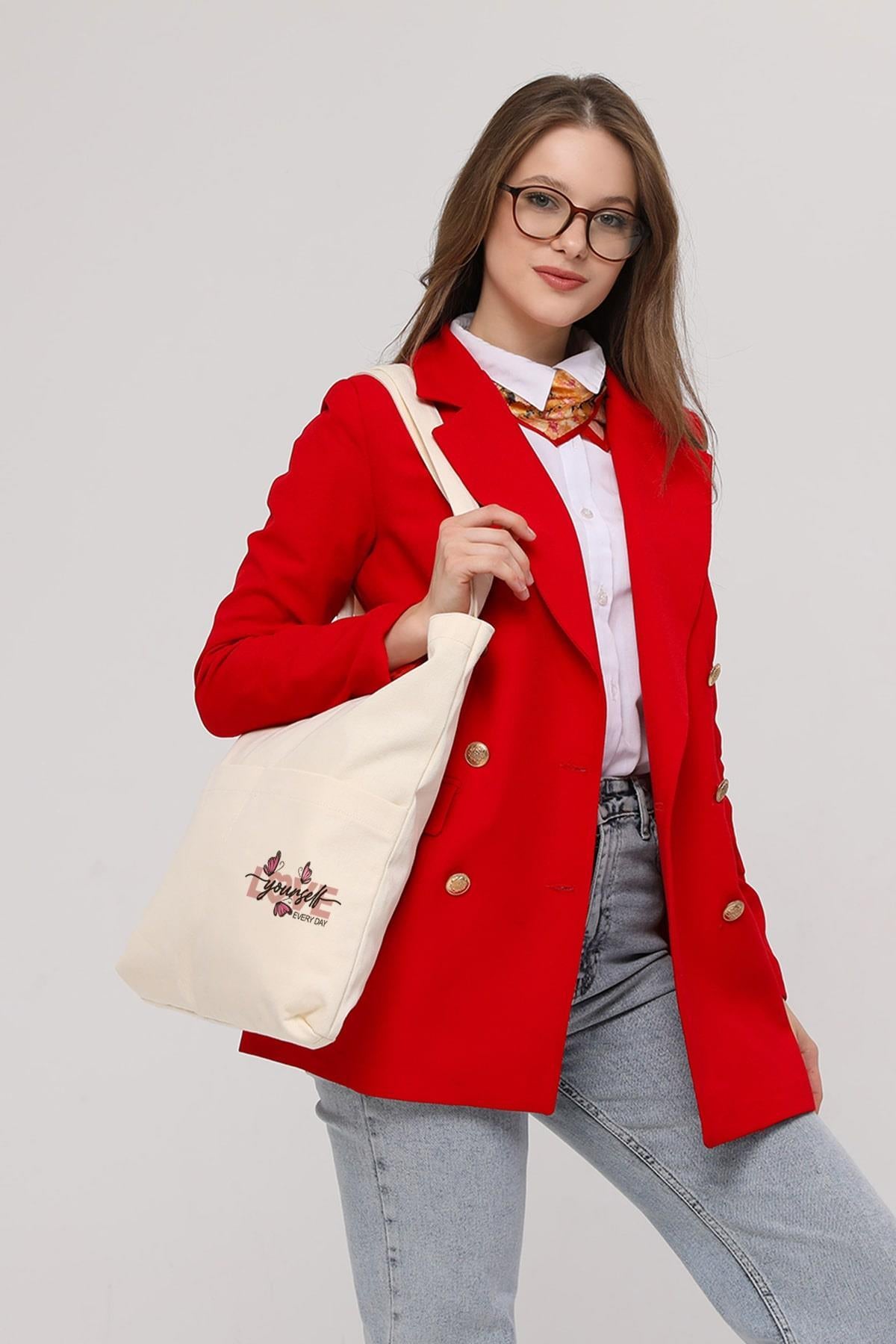 3 Cepli Love Yourself  Baskılı Ekru Gabardin Çanta