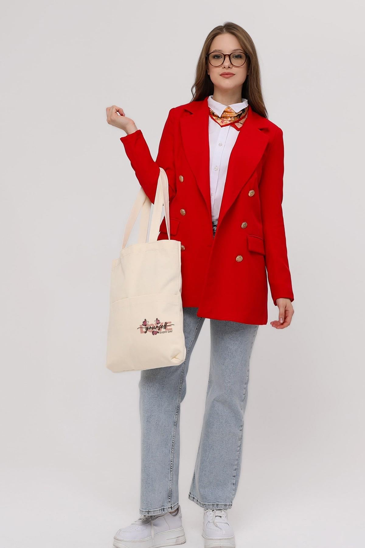 3 Cepli Love Yourself  Baskılı Ekru Gabardin Çanta