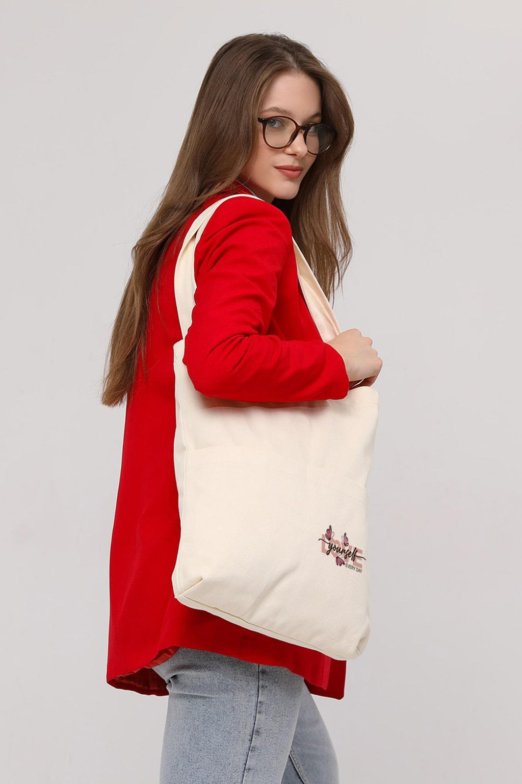 3 Cepli Love Yourself  Baskılı Ekru Gabardin Çanta