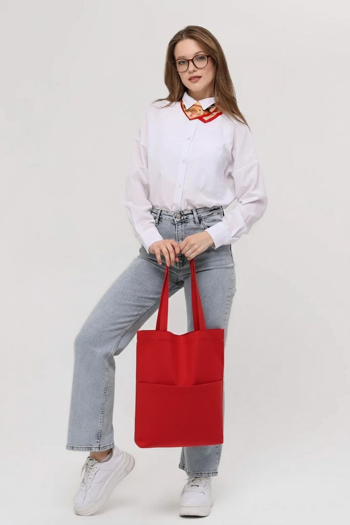 3 Cepli Kırmızı Gabardin Çanta