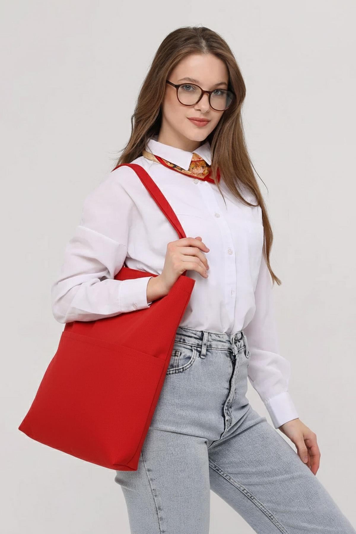 3 Cepli Kırmızı Gabardin Çanta