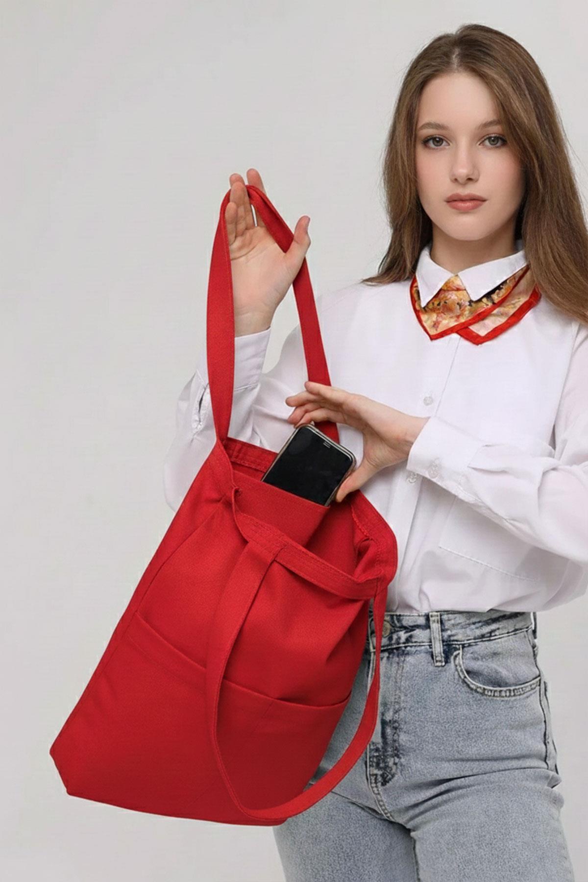 3 Cepli Kırmızı Gabardin Çanta